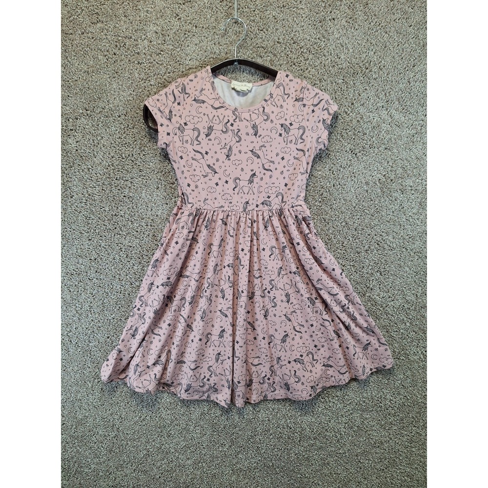Emma & Elsa Fit & Flare Dress Girl 10 Pink Unicorn & Cloud Print Stretch Pleated